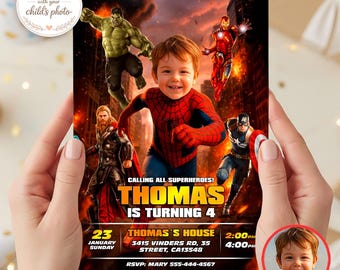 Superhero Party Birthday Invitation with Photo, Avengers Party Invite (Digital Download)