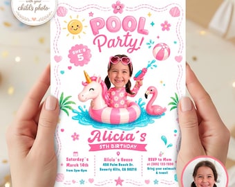 Pool Party Birthday Invitation with Photo, Girl Summer Birthday Invite (Digital Download)