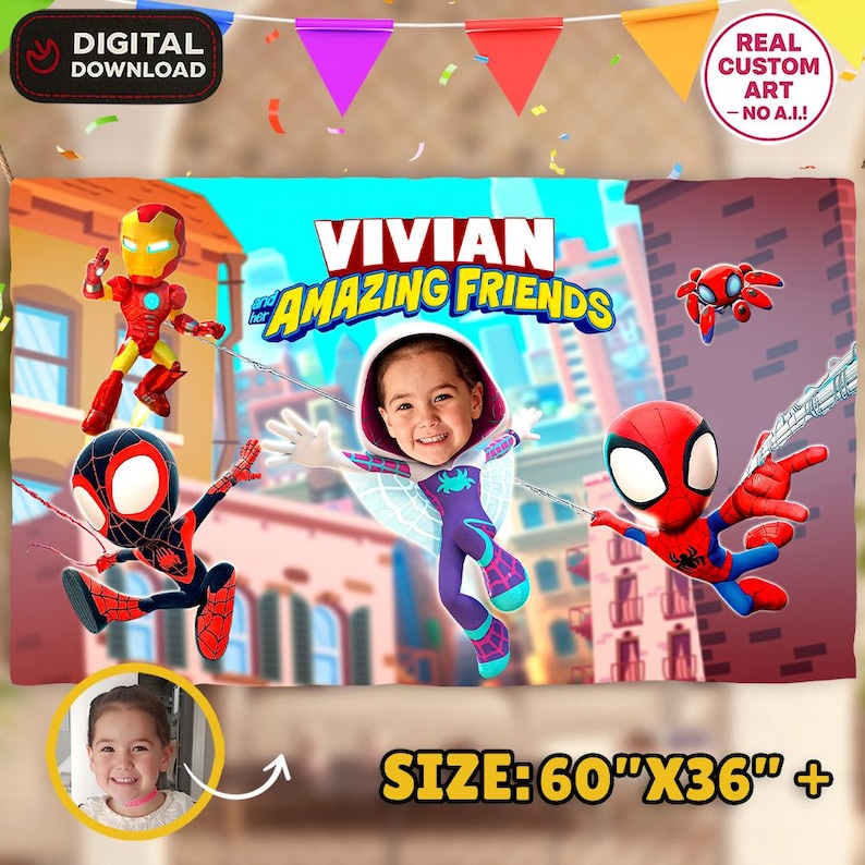 May include: A personalised banner with the text "VIVIAN and her AMAZING FRIENDS" and cartoon illustrations of Iron Man, Spider-Man, and a Spider-Gwen-inspired character. The banner measures 152cm x 91cm and includes a photo of a girl. Digital download.