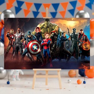 May include: A canvas print featuring a group of superheroes, including Iron Man, Captain America, and Thor. The artwork showcases a vibrant color palette with a dramatic sky background. The print is displayed on a wooden easel, suitable for home decor.