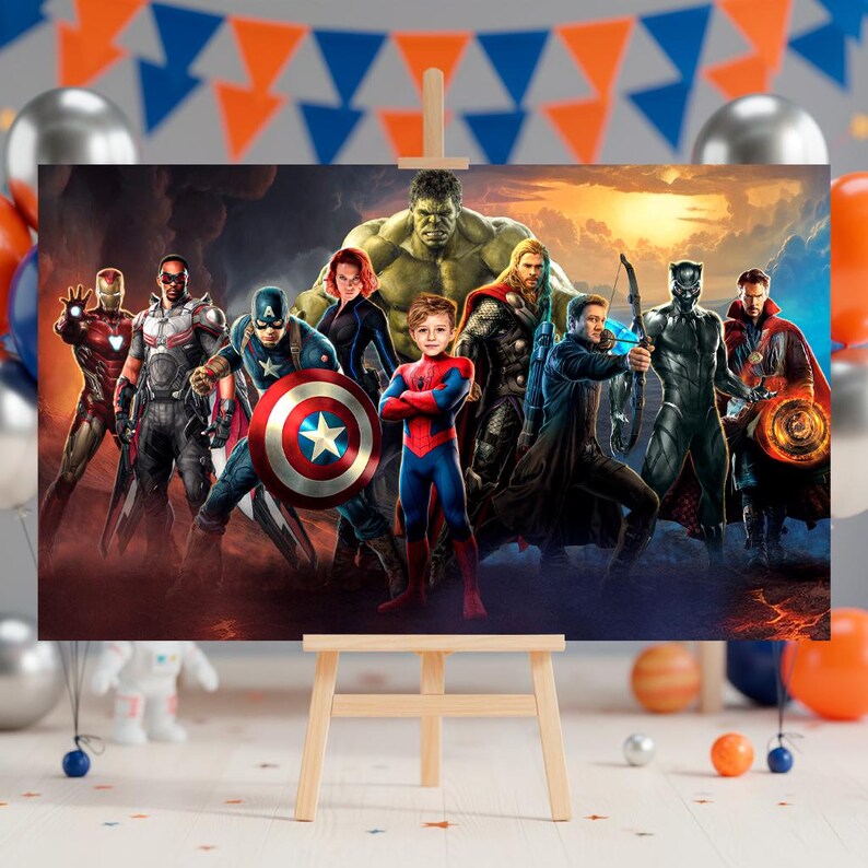 May include: A canvas print featuring a group of superheroes, including Iron Man, Captain America, and Thor. The artwork showcases a vibrant color palette with a dramatic sky background. The print is displayed on a wooden easel, suitable for home decor.