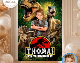 Dinosaur Birthday Welcome Sign with Photo, Jurassic Party Poster Personalized (Digital Download)