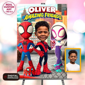 May include: A digital art print featuring the text "OLIVER and his AMAZING FRIENDS." The artwork depicts three cartoon characters in superhero costumes, including Spider-Man and Spider-Gwen, with a young boy's face. A small image of the boy is in the corner. The words "REAL CUSTOM ART - NO A.I.!" are in the corner.