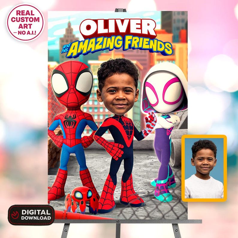 May include: A digital art print featuring the text "OLIVER and his AMAZING FRIENDS." The artwork depicts three cartoon characters in superhero costumes, including Spider-Man and Spider-Gwen, with a young boy's face. A small image of the boy is in the corner. The words "REAL CUSTOM ART - NO A.I.!" are in the corner.