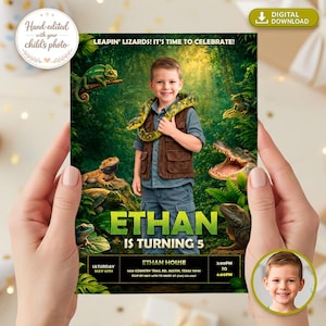 Könnte beinhalten: Eine digitale Geburtstagseinladung mit einem Jungen und einer Schlange, umgeben von Eidechsen und Alligatoren. Die Einladung enthält den Text "Ethan wird 5" und Veranstaltungsdetails, mit dem Satz "Leapin' Lizards! It's time to celebrate!"