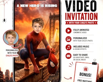 Spider Hero Animated Video Invitation with Photo, Superhero Birthday Party Invite (Digital Download)