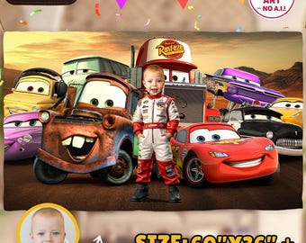Race Cars Birthday Banner with Photo, Cartoon Racing Party Backdrop (Digital Download)