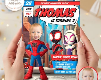 Spidey Birthday Invitation with Photo, Superhero Comic Birthday Invite (Digital Download)
