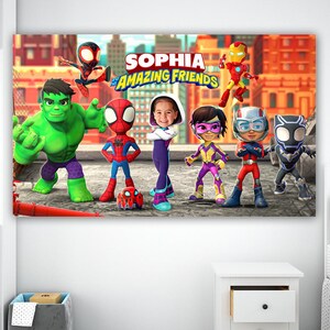 May include: A rectangular wall art print featuring the text SOPHIA AND HIS AMAZING FRIENDS with cartoon characters including Hulk, Spider-Man, Iron Man, Black Panther, and a child in a superhero costume standing on a rooftop against a city background.