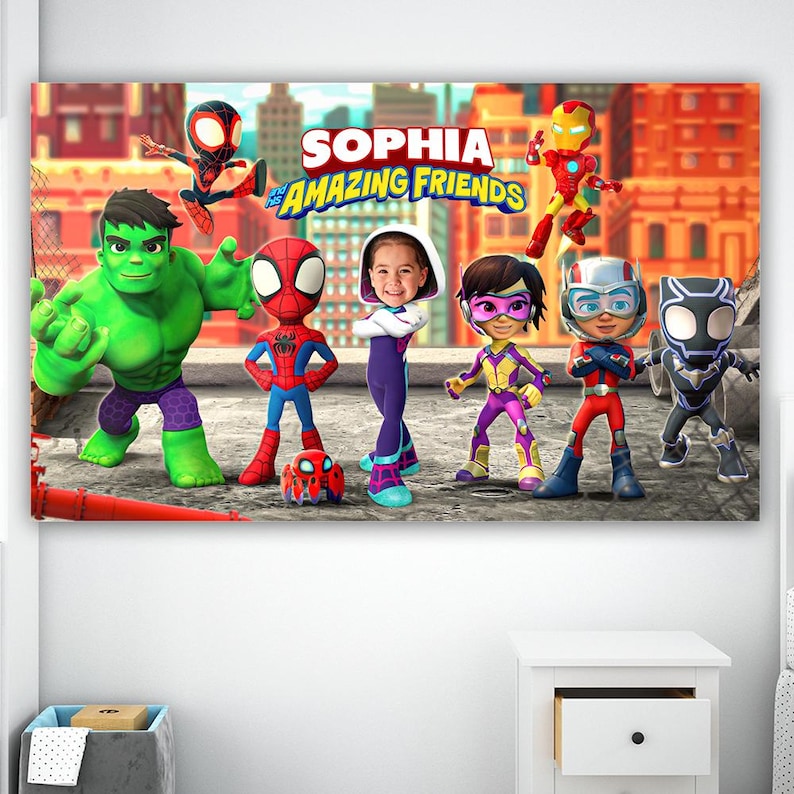 May include: A rectangular wall art print featuring the text SOPHIA AND HIS AMAZING FRIENDS with cartoon characters including Hulk, Spider-Man, Iron Man, Black Panther, and a child in a superhero costume standing on a rooftop against a city background.