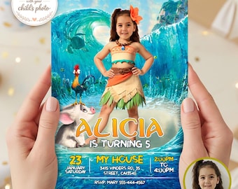Moana Birthday Invitation with Photo, Tropical Island Party Decor (Digital Download)