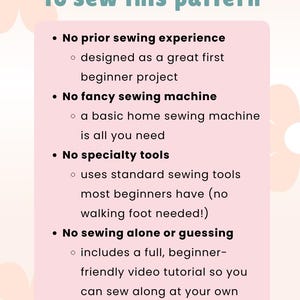 May include: A light pink graphic with the text "What you DON'T need to sew this pattern." The text lists: no prior sewing experience, no fancy sewing machine, no specialty tools, and no sewing alone or guessing. The bottom of the graphic says "GINGER PATCH DESIGNS, LLC."