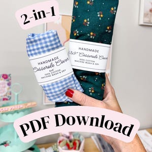 May include: Two handmade casserole covers made of 100% cotton. One is a blue and white gingham check pattern labeled 8x8 inches, and the other is a dark green fabric with a small floral print labeled 13x9 inches. Text includes 2-in-1 and PDF DOWNLOAD.