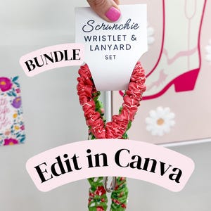 May include: A scrunchie wristlet and lanyard bundle set featuring a red fabric with a white pattern and a green fabric with a red and white floral pattern. The items are attached to a white display card labeled Scrunchie WRISTLET & LANYARD SET.
