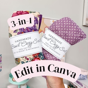 May include: Two quilted fabric bowl cozies with paper labels. One features a cream background with purple and red floral patterns, labeled 3-in-1. The other is solid purple with a small white floral print. Both labels read Handmade Bowl Cozy Set.