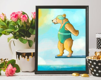 Learning to Leap - bears, illustration, fun, whimsical, animals, colorful, gift