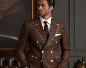Traje cruzado marrón para hombre, traje de boda de lujo para el novio, traje formal con ribete blanco, esmoquin clásico de dos piezas a medida para graduación.
