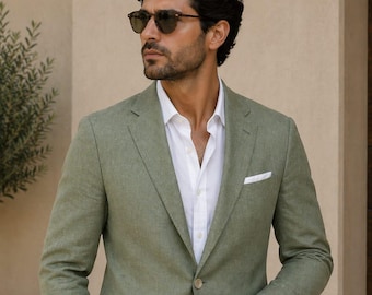 Traje de hombre 100% lino, Saga Green, ideal para bodas, eventos formales en la playa y vacaciones. Estilo ligero y elegante.