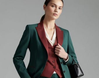 Women's Emerald Green Pantsuit Set, Tailored Blazer & Slim Fit Trousers, Burgundy Vest Suit, Office Wear, Wedding Guest Outfit