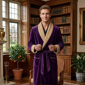 Luxury Purple Velvet Smoking Robe for Men, Beige Shawl Collar Lounge Coat, Old Money Gentleman Dressing Gown, Vintage Velvet House Jacket,
