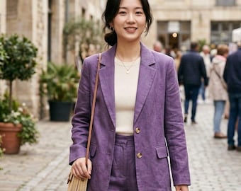Traje de lino morado para mujer, conjunto de dos piezas (chaqueta y pantalón) hecho a mano, ideal para la oficina o como atuendo para invitada a una boda.