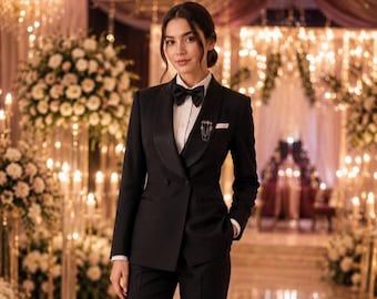Women’s Black Double Breasted Tuxedo Suit, Satin Lapel Pantsuit, Luxury Formal Wedding Guest Suit, Elegant Evening Party Outfit
