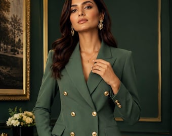 Women’s Green Pantsuit, Elegant Double Breasted Suit Set, Tailored Office Blazer, Formal Wedding Guest Outfit