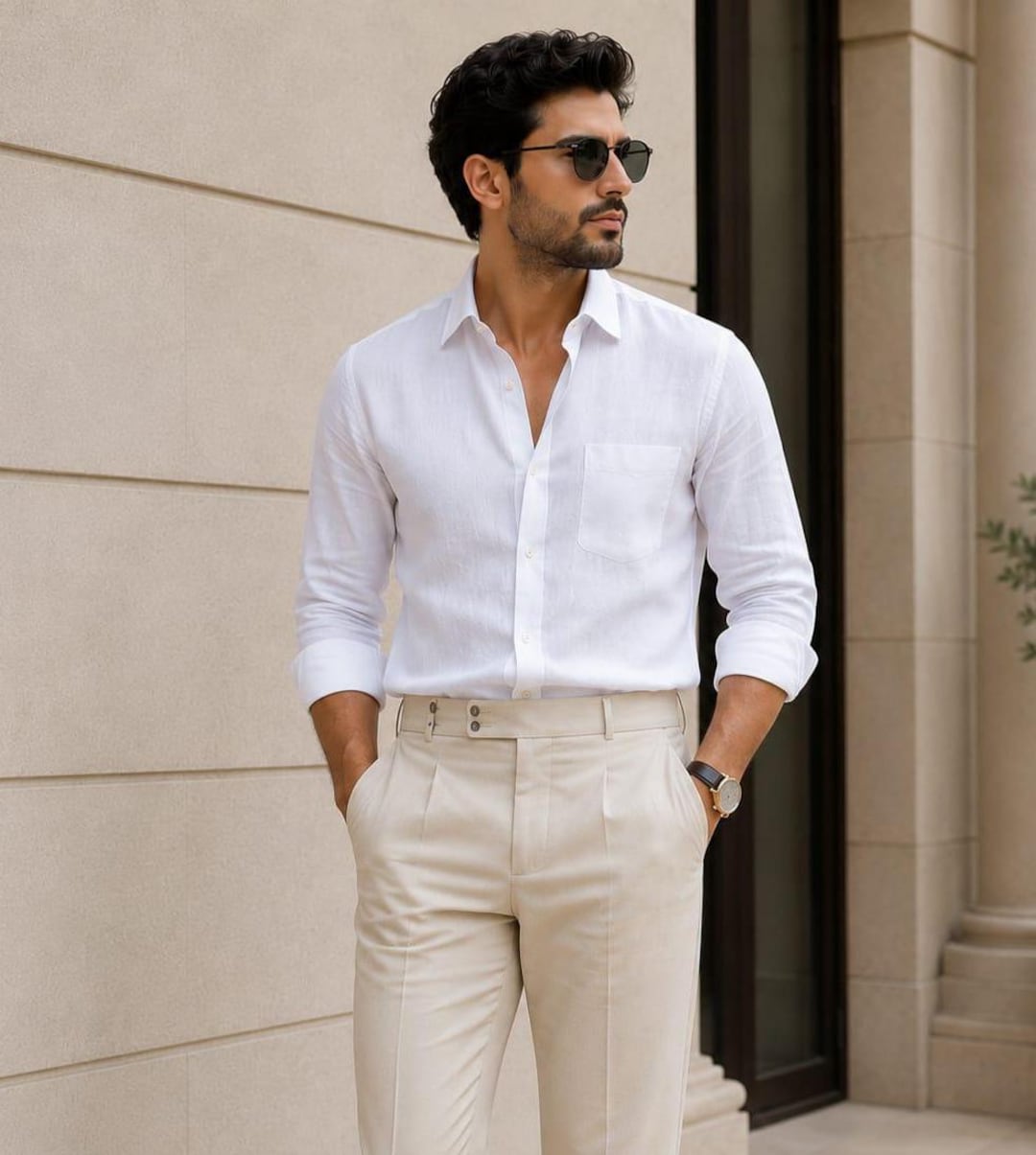 Men's White Linen Shirt, Beige Pleated Trousers, Smart Casual Summer Outfit