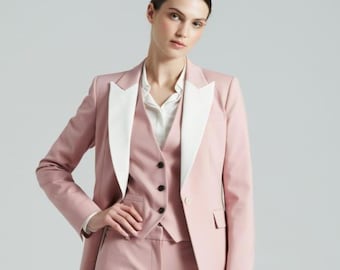 Dames blush roze 3-delig pak, op maat gemaakt blazervest en broek, formeel zakelijk broekpak, kantoorkleding, outfit bruiloftsgast
