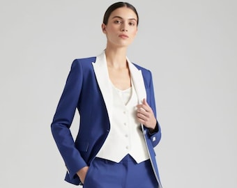 Dames koningsblauwe smokingpak, witte satijnen reversblazer, formeel broekpak, bruiloftsgast, zakelijke kantoorkleding