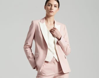 Women's Blush Pink Tuxedo Suit Set, White Satin Lapel Blazer, Formal Business Pantsuit, Wedding Guest Suit, Office Wear