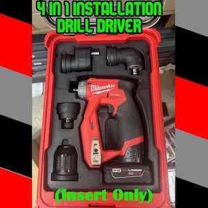 May include: A red and black Milwaukee Fuel M12 4-in-1 installation drill driver with interchangeable heads, including a chuck, offset, and right-angle attachment, organized in a custom-fitted red plastic carrying case with the text 4 IN 1 INSTALLATION DRILL DRIVER (Insert Only).