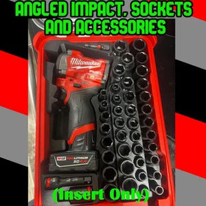 May include: A red and black Milwaukee M12 Fuel angled impact wrench with a battery, organized in a red plastic case with numerous black metal sockets and accessories. The text reads ANGLED IMPACT, SOCKETS AND ACCESSORIES and (Insert Only).