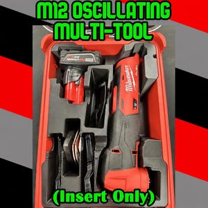 May include: A red and black Milwaukee M12 oscillating multi-tool set housed in a custom-fitted red plastic carrying case. The kit includes a battery, various metal cutting blades, and accessories organized within black foam inserts. Text reads M12 OSCILLATING MULTI-TOOL and (Insert Only).