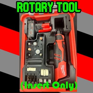 May include: A red and black Milwaukee rotary tool set housed in a molded plastic carrying case. The kit includes a cordless rotary tool, a battery pack, and various small grinding and polishing accessories organized in custom-fit slots.