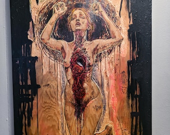 Arte pirografica – "Donatore di organi" – Opera d'arte macabra e horror realizzata con la pirografia.