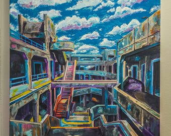 Afinal, é um mundo de shopping centers - (40,6 x 50,8 cm) Pintura original de surrealismo contemporâneo sobre tela, representando os bastidores.