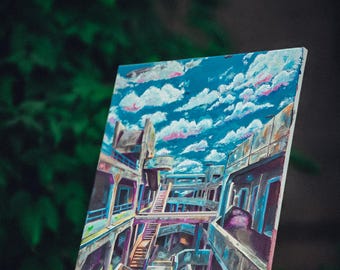 Dopotutto è un mondo da centro commerciale - (40x50 cm) Dipinto originale contemporaneo surrealista su tela raffigurante retrobottega.