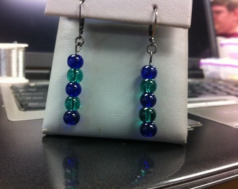 Blue and teal alternating glass beads earrings