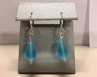 Blue frosted glass drop earrings