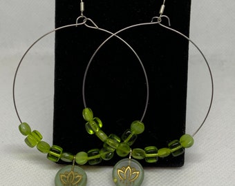 Green lotus hoop earrings