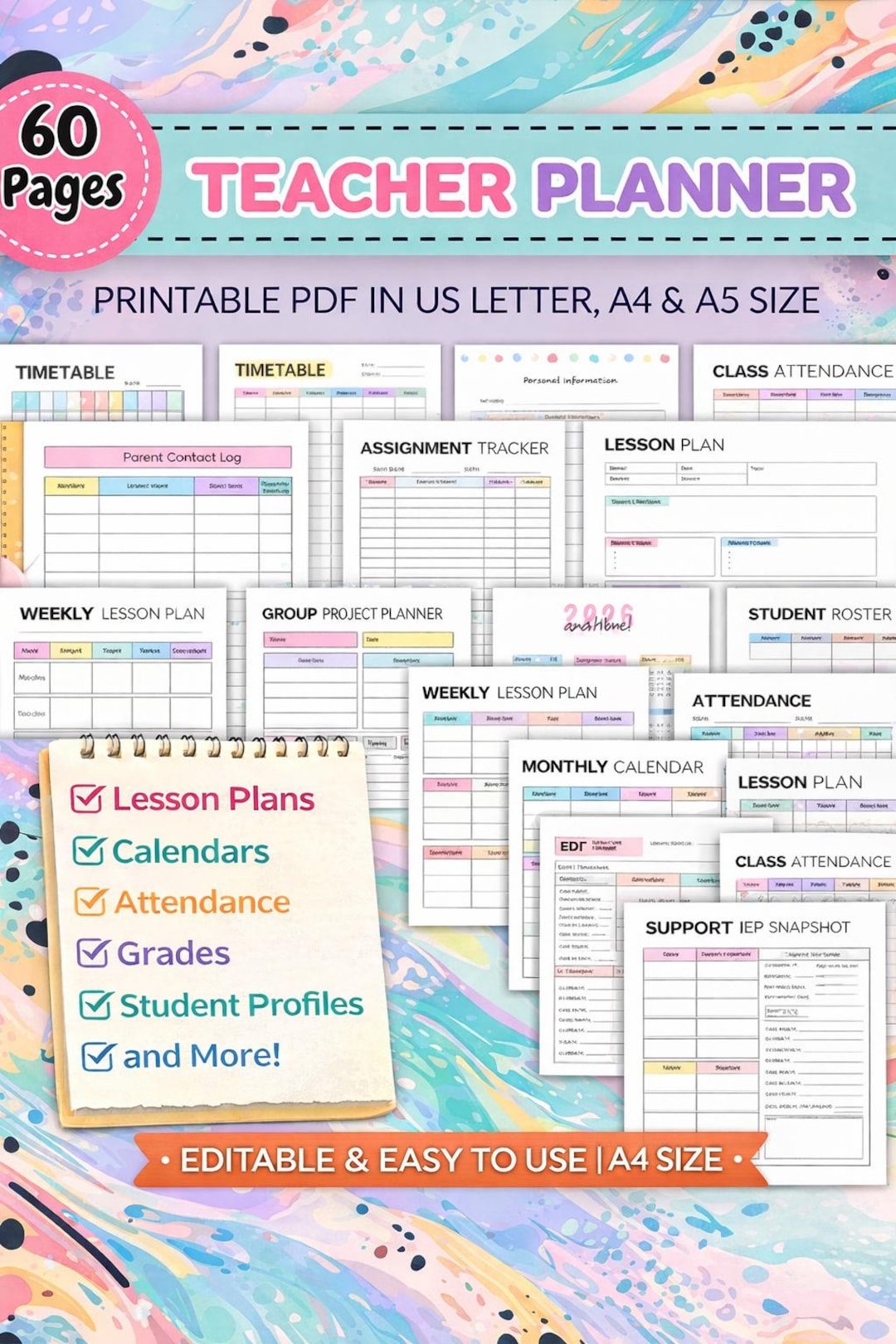 2026-2027 Editable Teacher Planner Printable | 60-page Digital Lesson ...