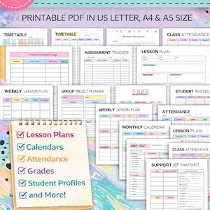 May include: A teacher planner with a pink and purple colour scheme. The planner includes lesson plans, calendars, attendance, grades, and student profiles. The text on the cover says "Teacher Planner" and "Printable PDF in US Letter, A4 & A5 Size."