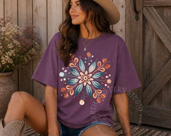 Folk Floral Mandala T-shirt | Boho Flower Pattern, Earth Tones