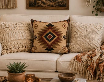 Southwestern Aztec Throw Pillow, Western Navajo Decor, Rustic Boho Pillowcase