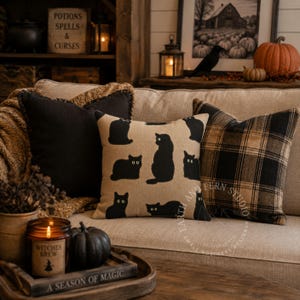 May include: Three decorative throw pillows arranged on a sofa. One is solid black, one features a tan background with a repeating pattern of black cat silhouettes, and one has a brown and black plaid pattern. The pillows are square in shape.