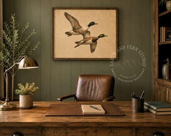 Rustic Mallard Ducks Vintage Art Poster | Woodland Decor