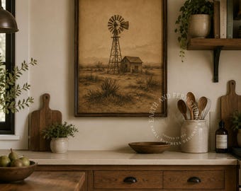 Vintage Southwest Windmill Print Poster | Rustic Farmhouse Wall Art