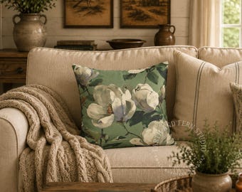Green Magnolia Floral Throw Pillow, Rustic Farmhouse Decor