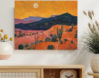 Abstract Moon Nightscape Canvas | Colorful Desert Sunset Wall Art, Southern Rustic, Taos